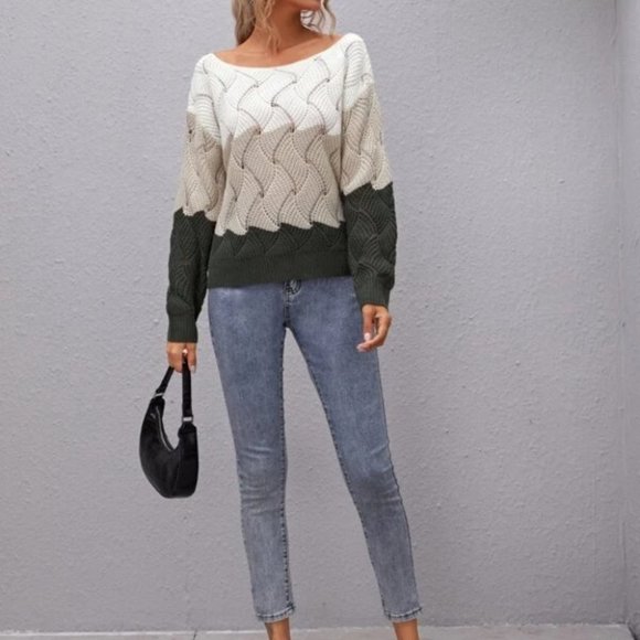 Boat Neck Casually Comfy Color Block Knit Sweater top - Picture 4 of 5